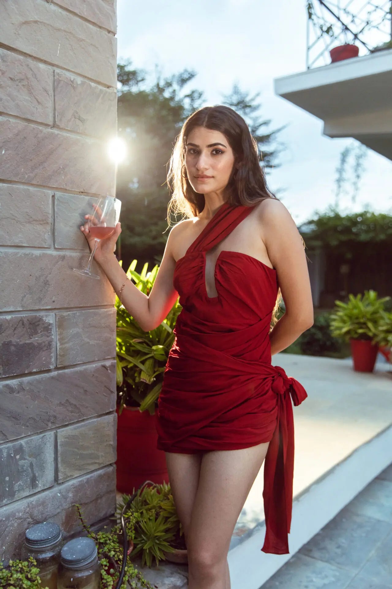 Ilya red draped mini dress front view — modal cotton with side zipper — handmade India Label WildChild