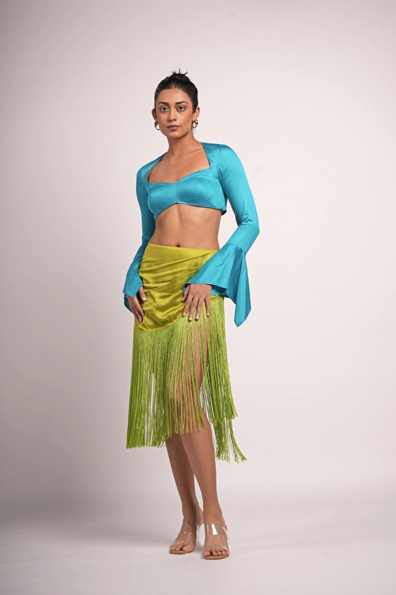 Electric blue sculpted satin crop top styled for gallery night and dancing — women India Label WildChild