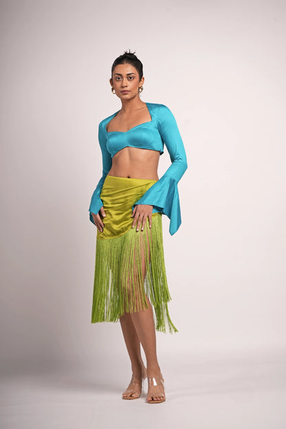 Electric blue sculpted satin crop top styled for gallery night and dancing — women India Label WildChild