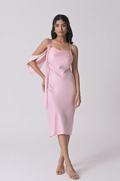 Pink satin cowl neck midi dress — silk-like satin with handcrafted rose embellishment — handmade India Label WildChild