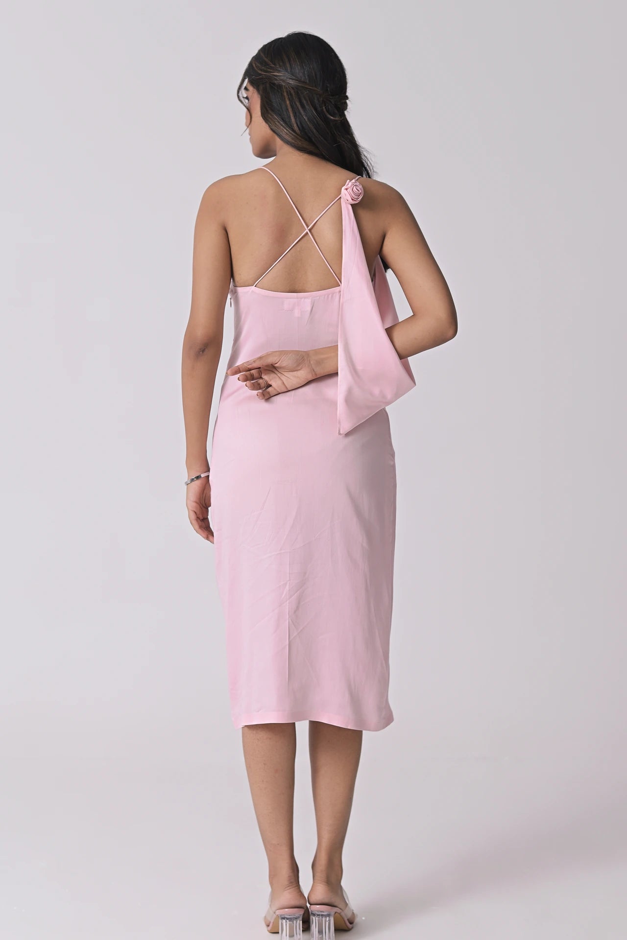 Pink satin midi dress with rose detail — honeymoon and bachelorette dress women India Label WildChild