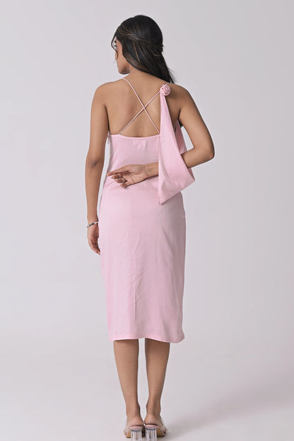 Pink satin midi dress with rose detail — honeymoon and bachelorette dress women India Label WildChild