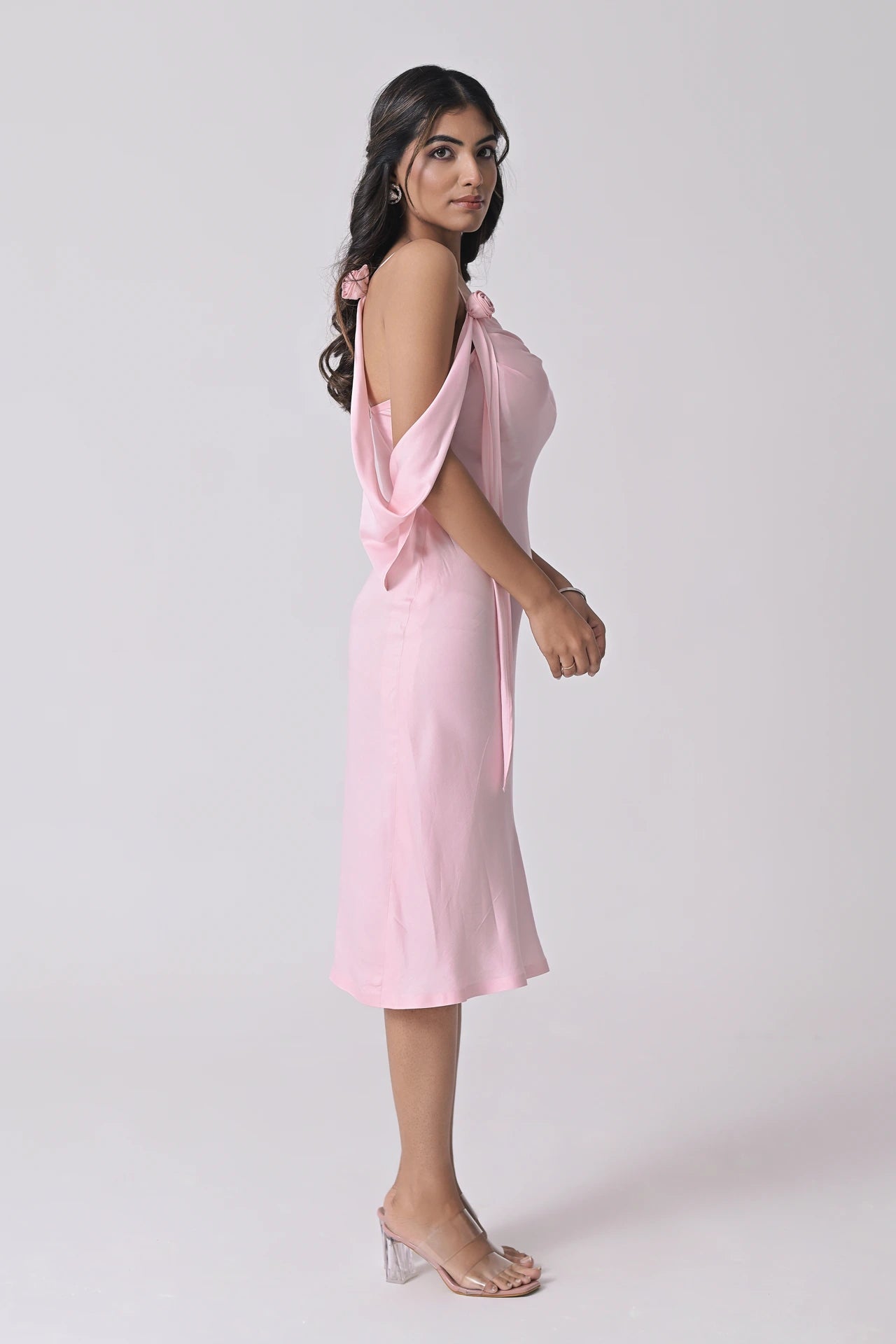 Rose Misa midi dress side view — elegant satin drape and midi length — date night dress women India Label WildChild