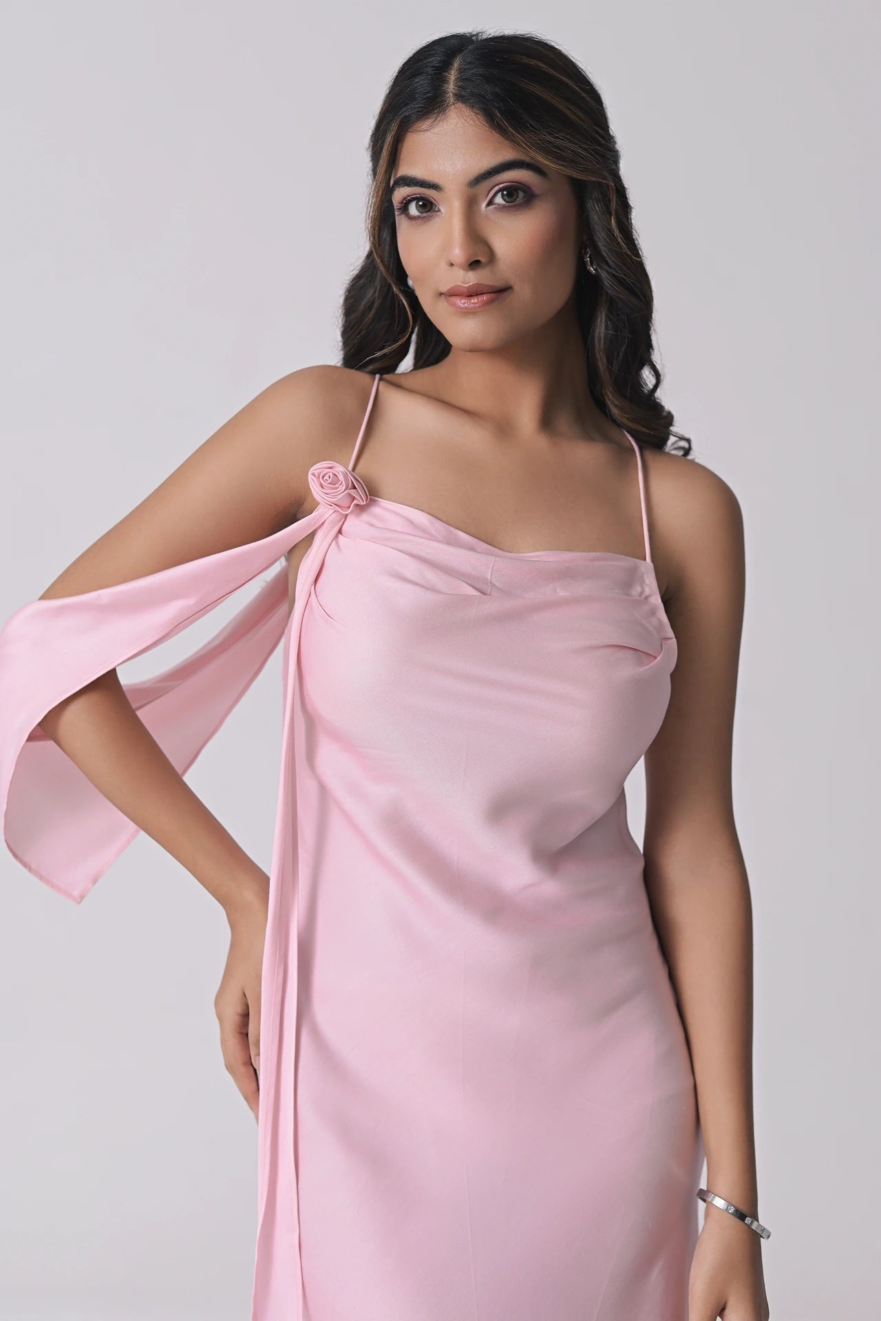 Rose Misa pink satin midi dress — cowl neck with noodle straps and handcrafted rose detail — Label WildChild India