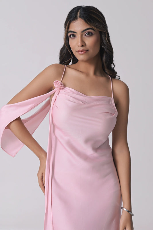 Rose Misa pink satin midi dress — cowl neck with noodle straps and handcrafted rose detail — Label WildChild India
