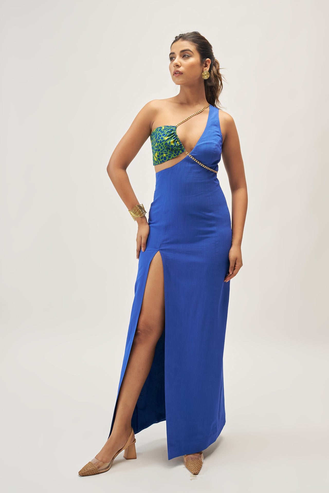 Royal blue georgette asymmetric dress for women — bold draping and thigh-high slit — Label WildChild India