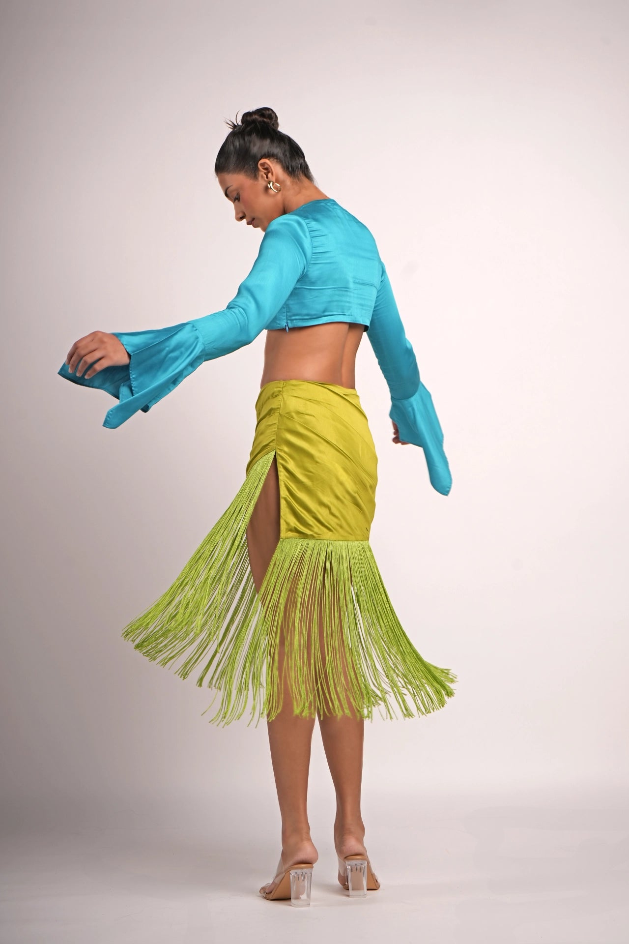 Electric blue satin flared sleeve blouse side view — bold feminine edge for cocktails and evenings — Label WildChild India