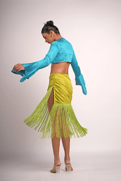 Electric blue satin flared sleeve blouse side view — bold feminine edge for cocktails and evenings — Label WildChild India