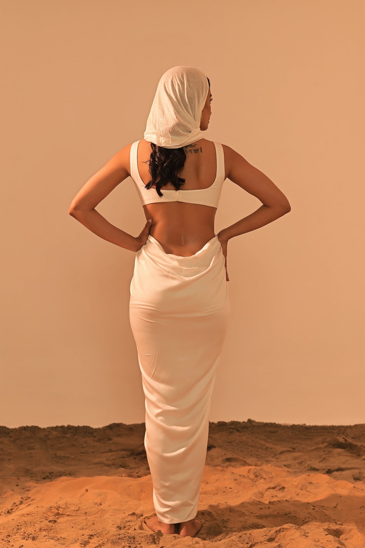 Poe satin draped dress side view — front slit and hook-and-eye closure — handmade India Label WildChild