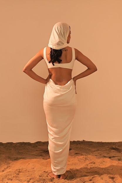 Poe satin draped dress side view — front slit and hook-and-eye closure — handmade India Label WildChild