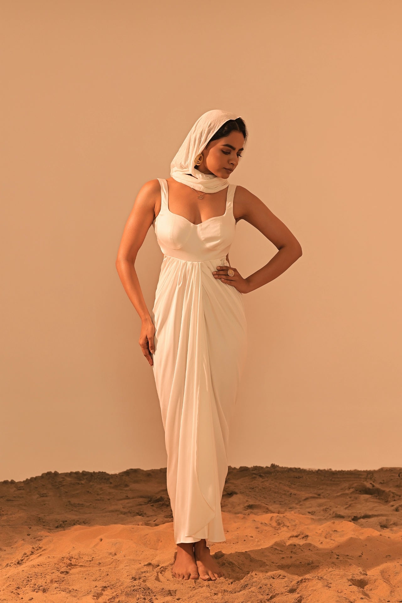 Poe ivory satin draped maxi dress — sweetheart neckline with hand-draped pleats and front slit — Label WildChild India