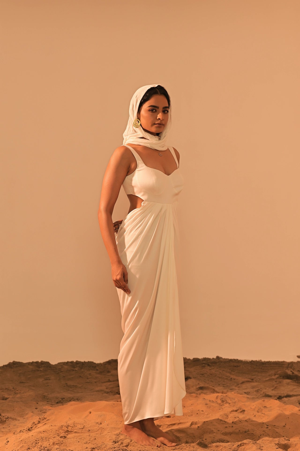 Ivory satin maxi dress with back cowl detail — beach wedding and cocktail outfit women India Label WildChild