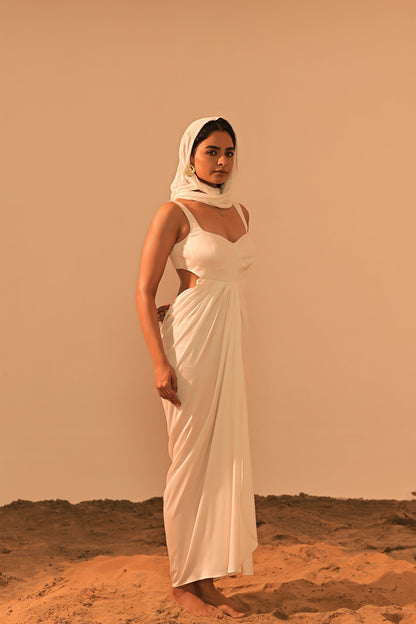 Ivory satin maxi dress with back cowl detail — beach wedding and cocktail outfit women India Label WildChild