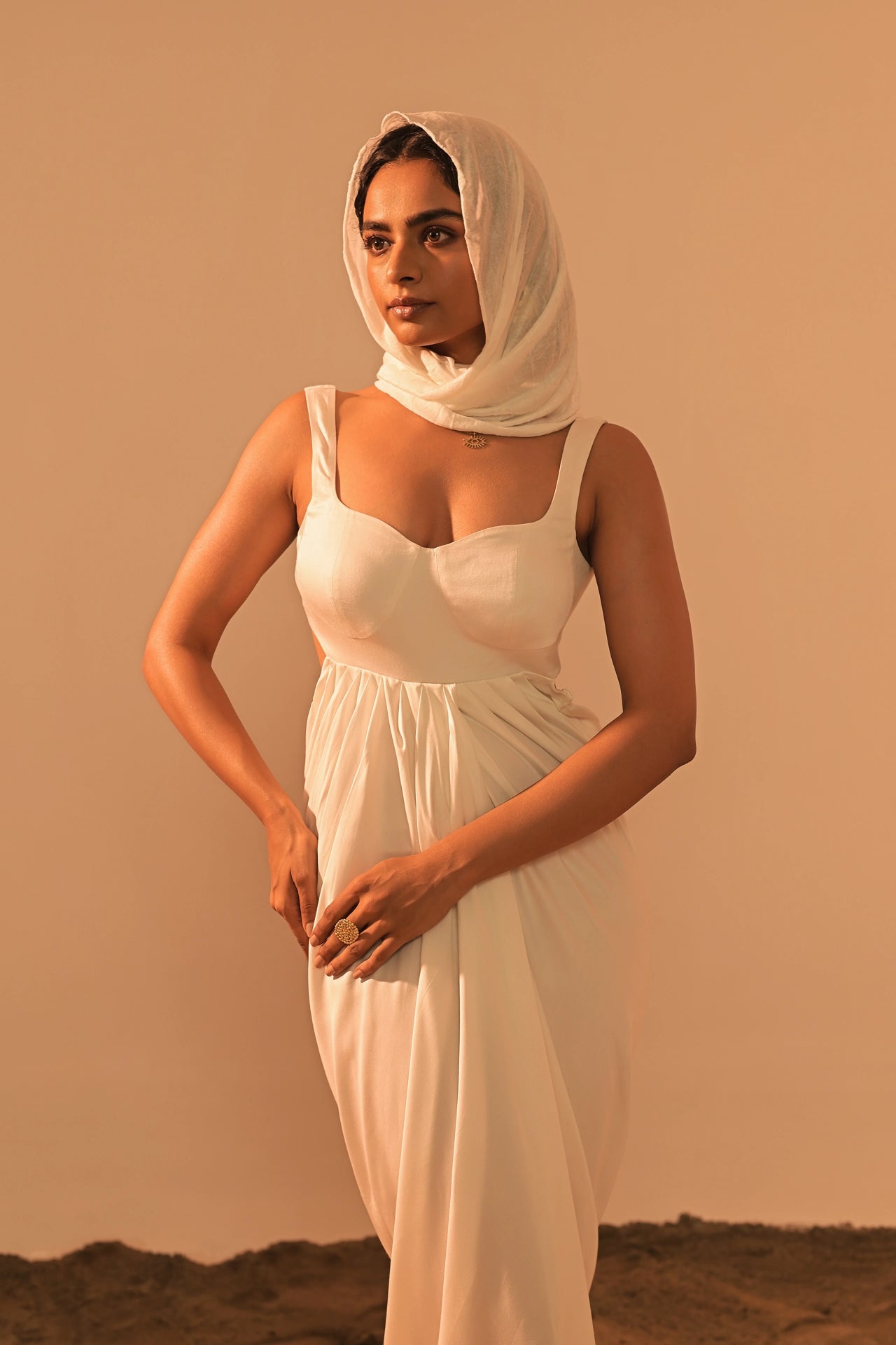 Ivory satin maxi dress with sweetheart neckline — intricate bust detailing — resort wear women India Label WildChild