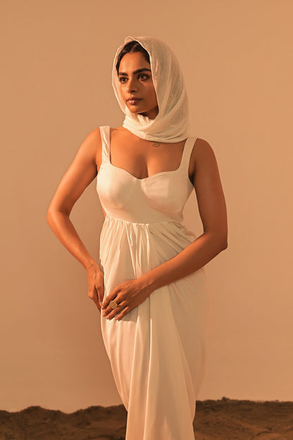 Ivory satin maxi dress with sweetheart neckline — intricate bust detailing — resort wear women India Label WildChild