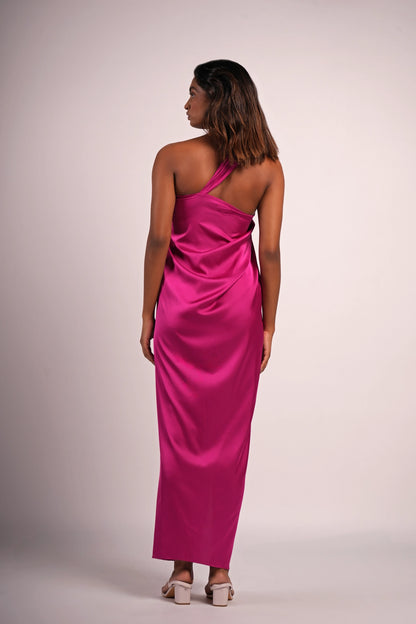 Raya magenta satin maxi dress back detail — handmade one-shoulder evening dress India Label WildChild