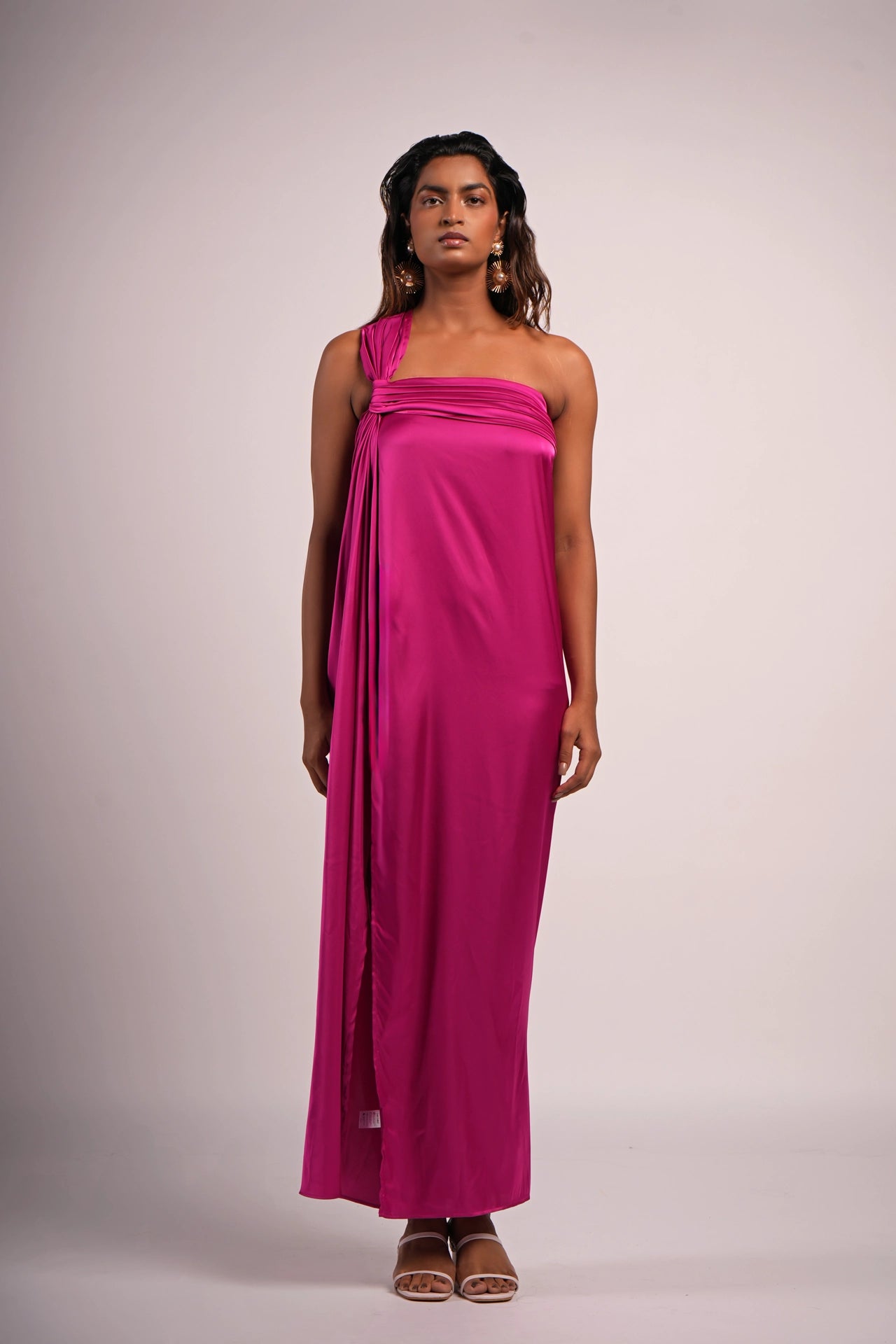 Magenta one-shoulder satin maxi dress front view — destination wedding and evening outfit women India