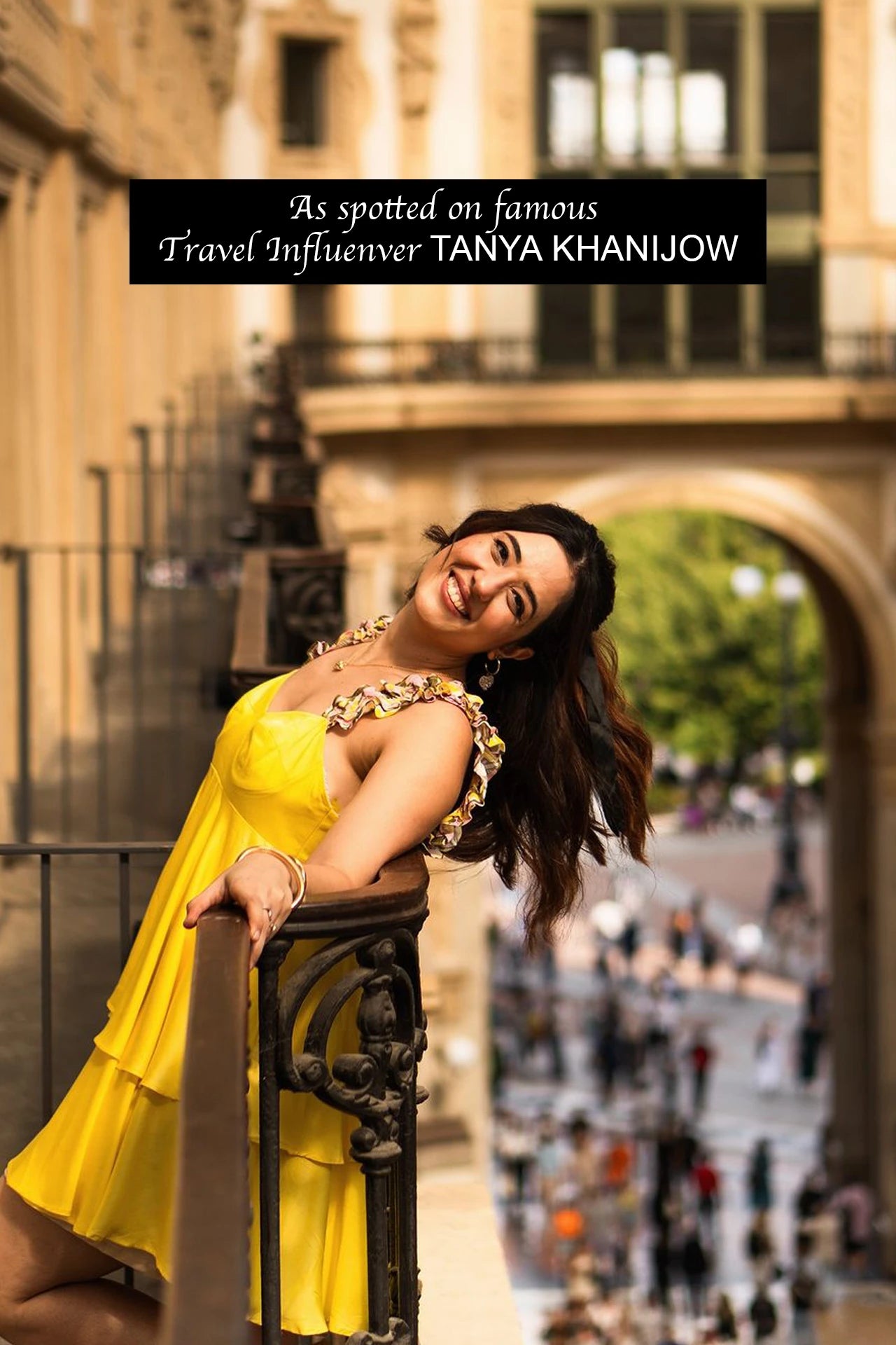 Yellow satin two-tiered mini dress with crinkled straps — summer vacation dress women India Label WildChild worn by travel influencer Tanya Khanijow