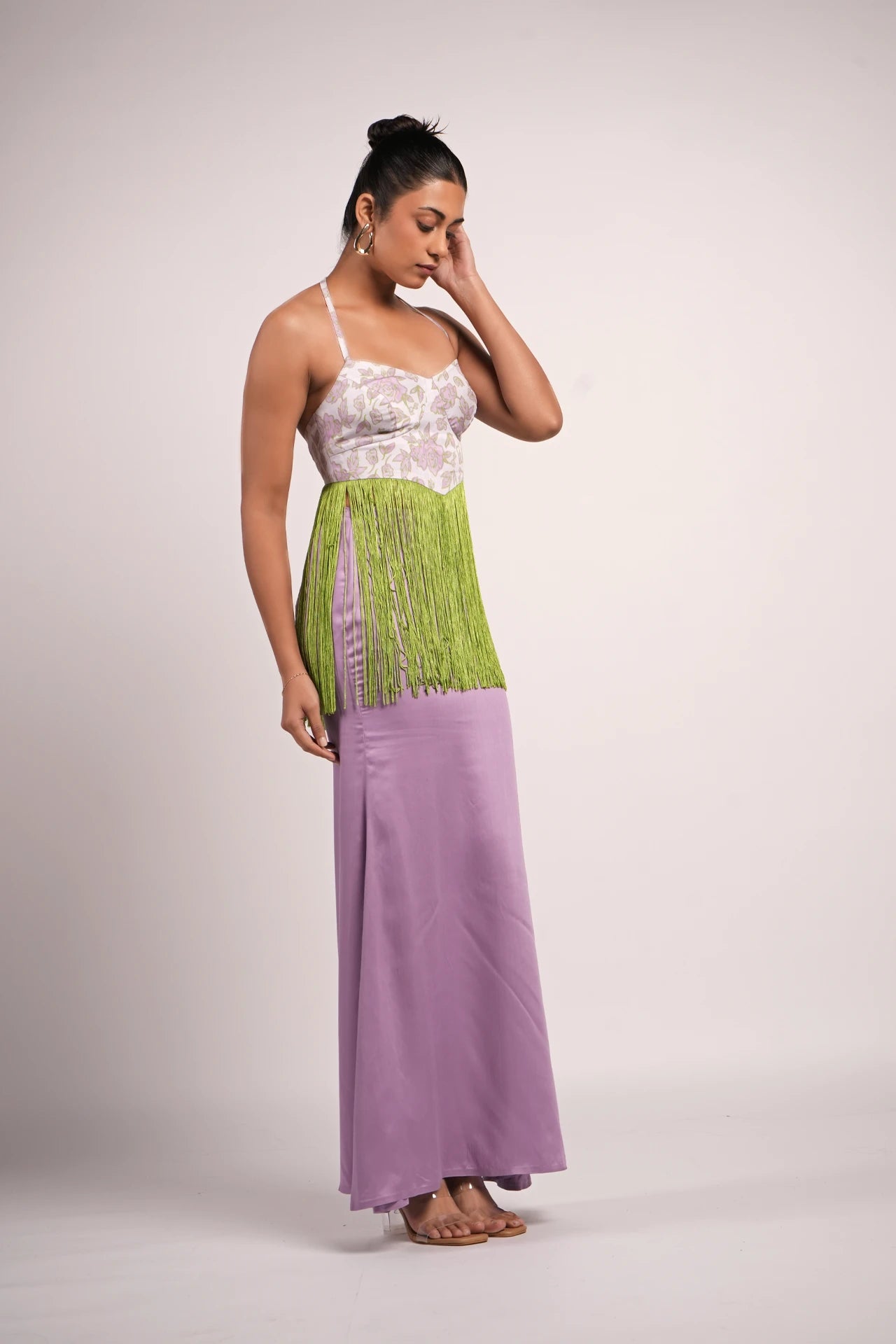 Satin fringed co-ord set side view, concealed zip maxi skirt and adjustable tie-up halter top — handmade India Label WildChild