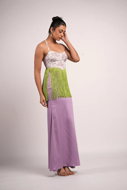 Satin fringed co-ord set side view, concealed zip maxi skirt and adjustable tie-up halter top — handmade India Label WildChild