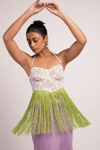 Fringed halter top and maxi skirt co-ord set women India — destination wedding and soirée outfit Label WildChild